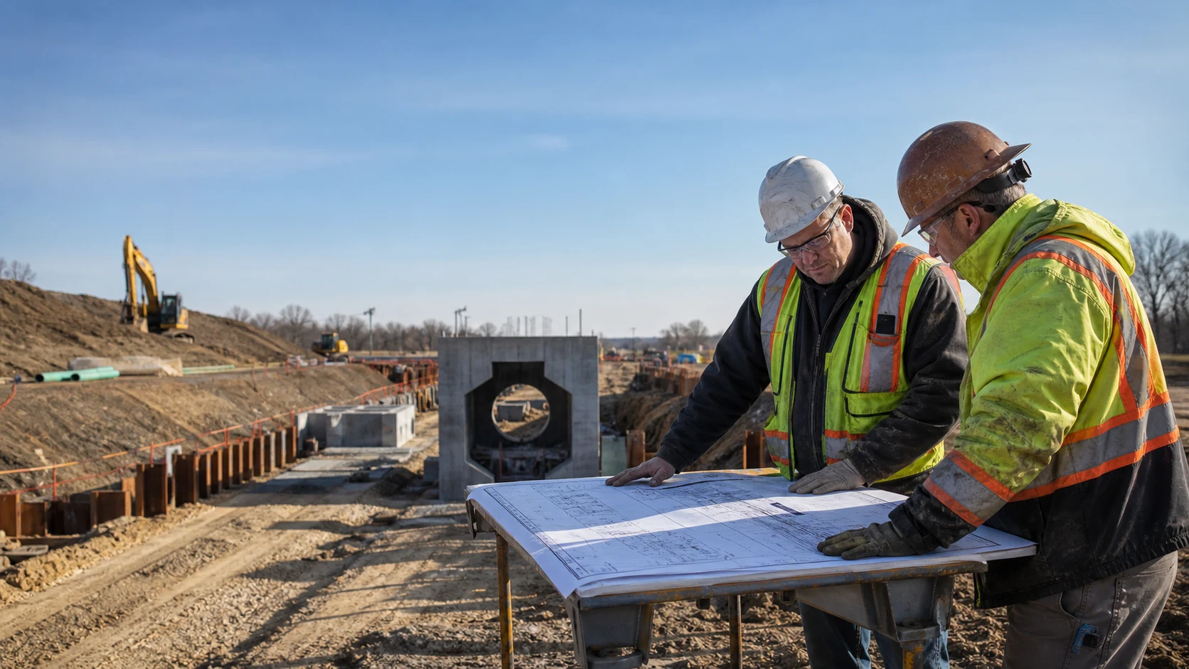 Civil contracting operation with heavy equipment and coordinated field activity