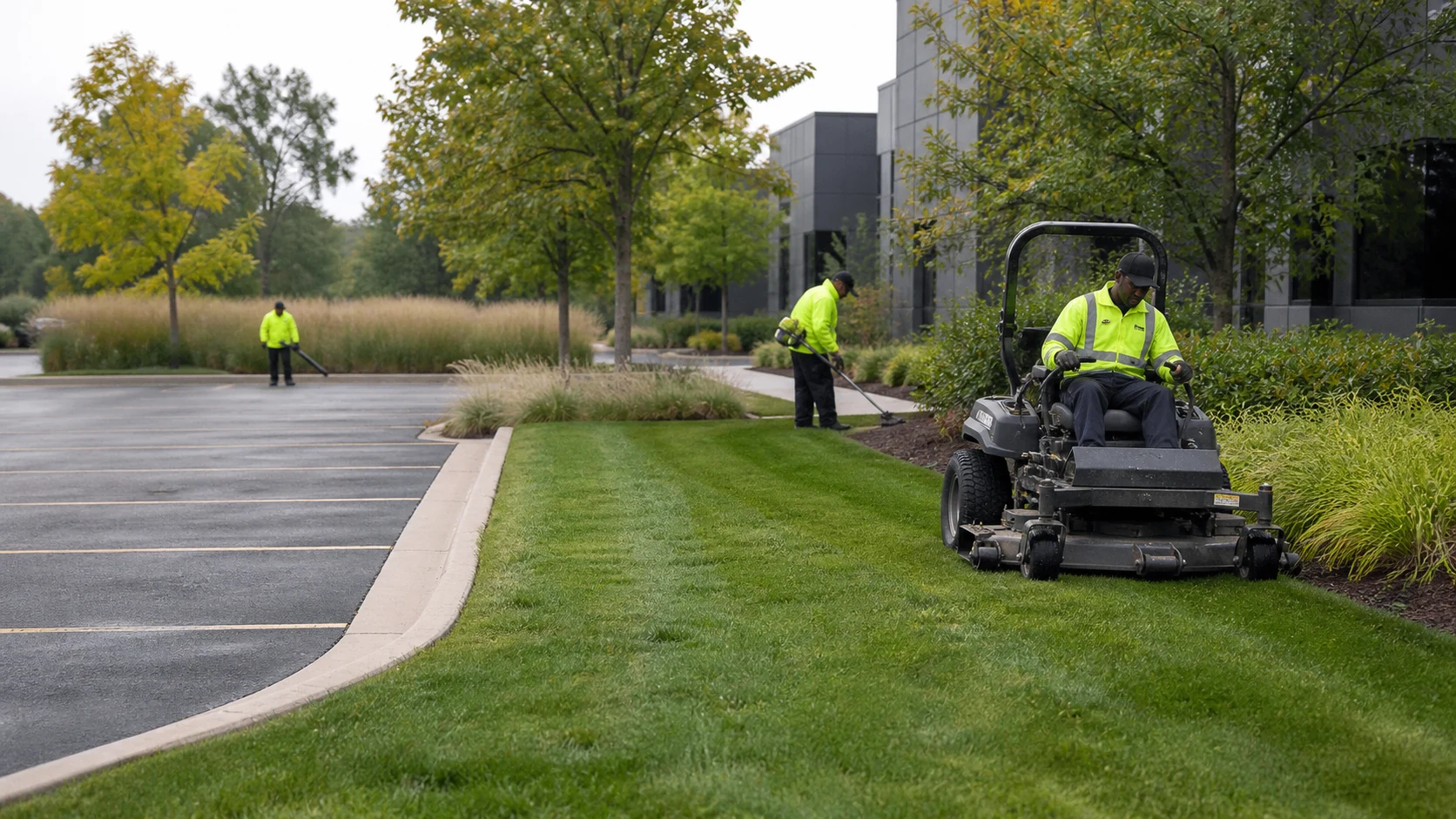 Commercial landscape and lot-maintenance crew at work