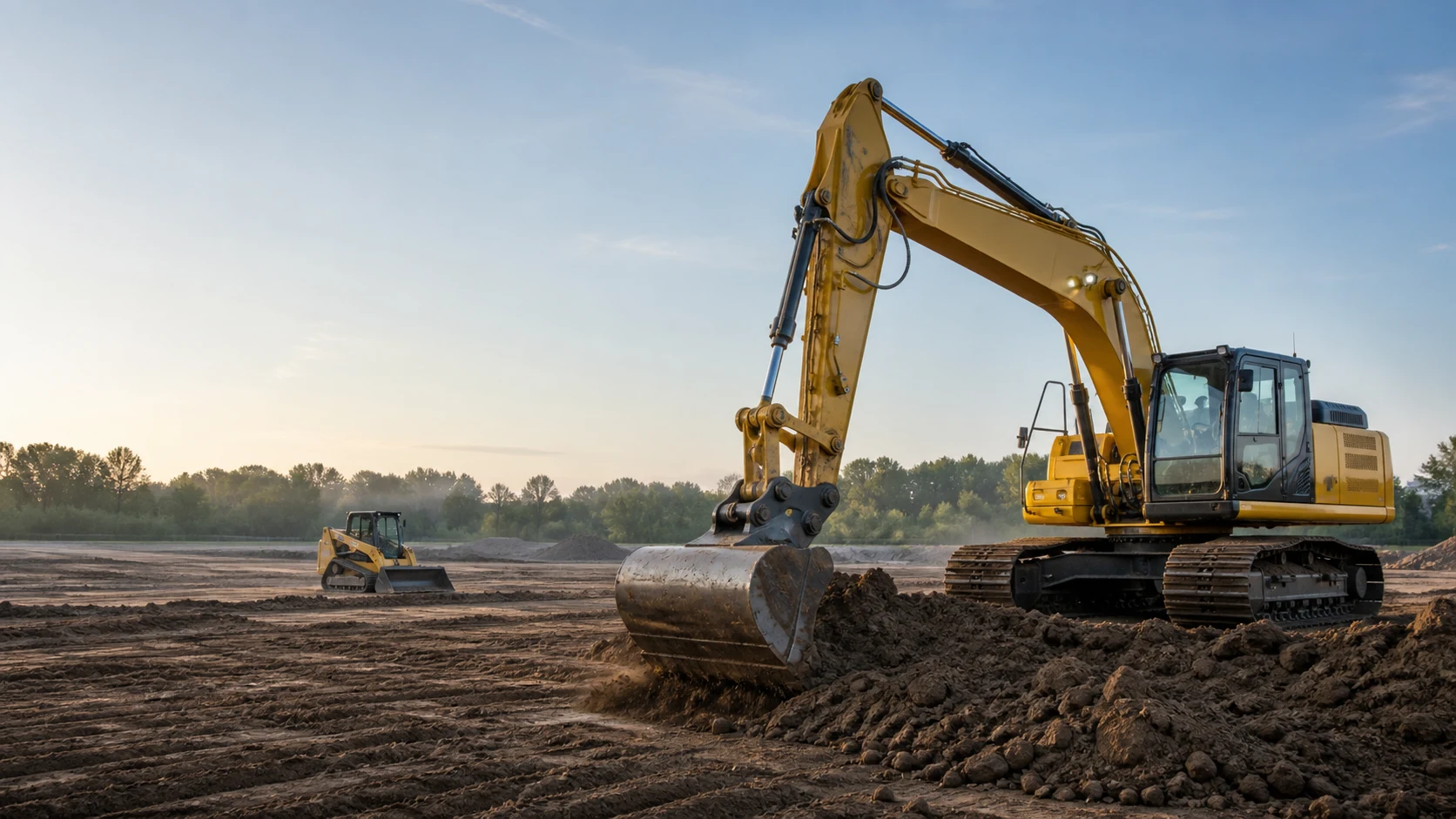 Excavation and grading site with a yellow excavator