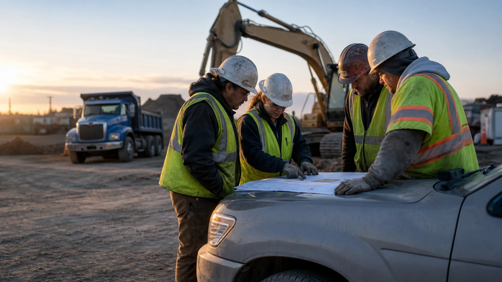 Construction field crew coordinating before work begins
