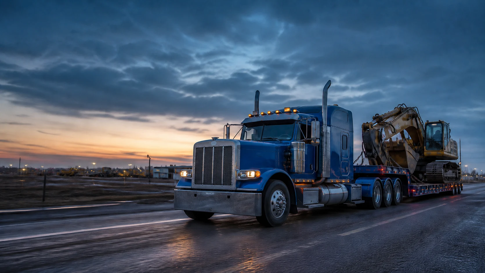 Blue heavy-haul truck transporting an excavator