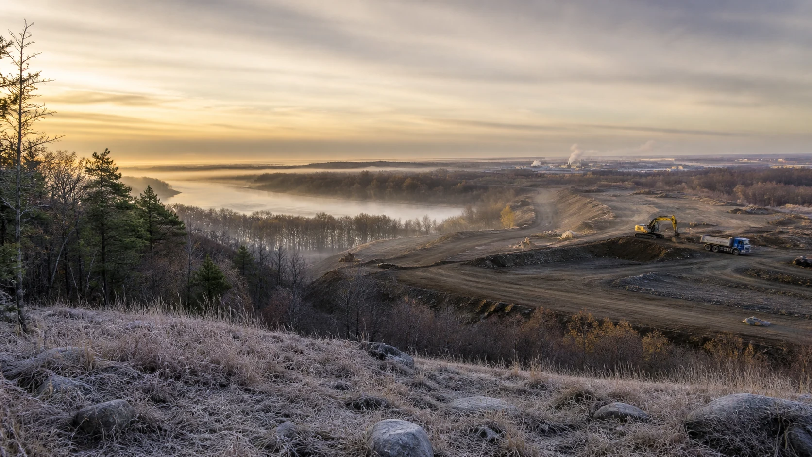 Frosty river-valley construction landscape